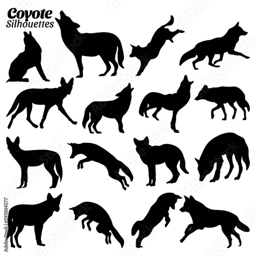 Fotografie, Obraz Coyote silhouette vector illustration set.