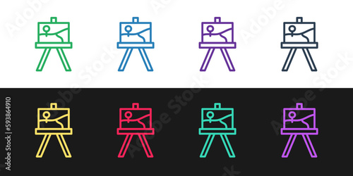 Set line Wood easel or painting art boards icon isolated on black and white background. Vector