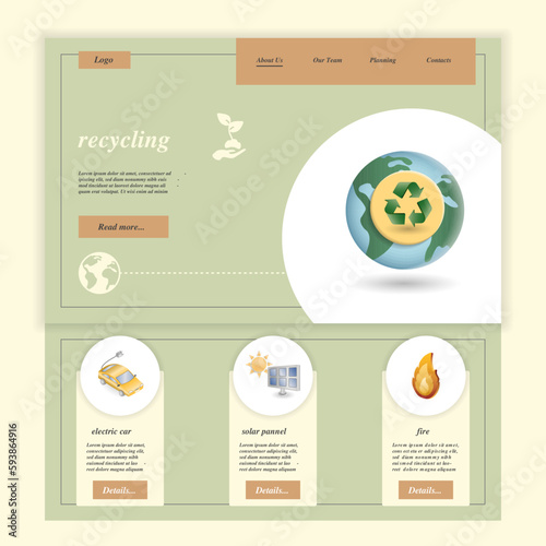 Recycling flat landing page website template. Electric car, solar pannel, fire. Web banner with header, content and footer. Vector illustration.