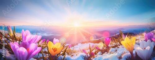 spring flowers on melting snow with sunlight, end of winter. Generative AI