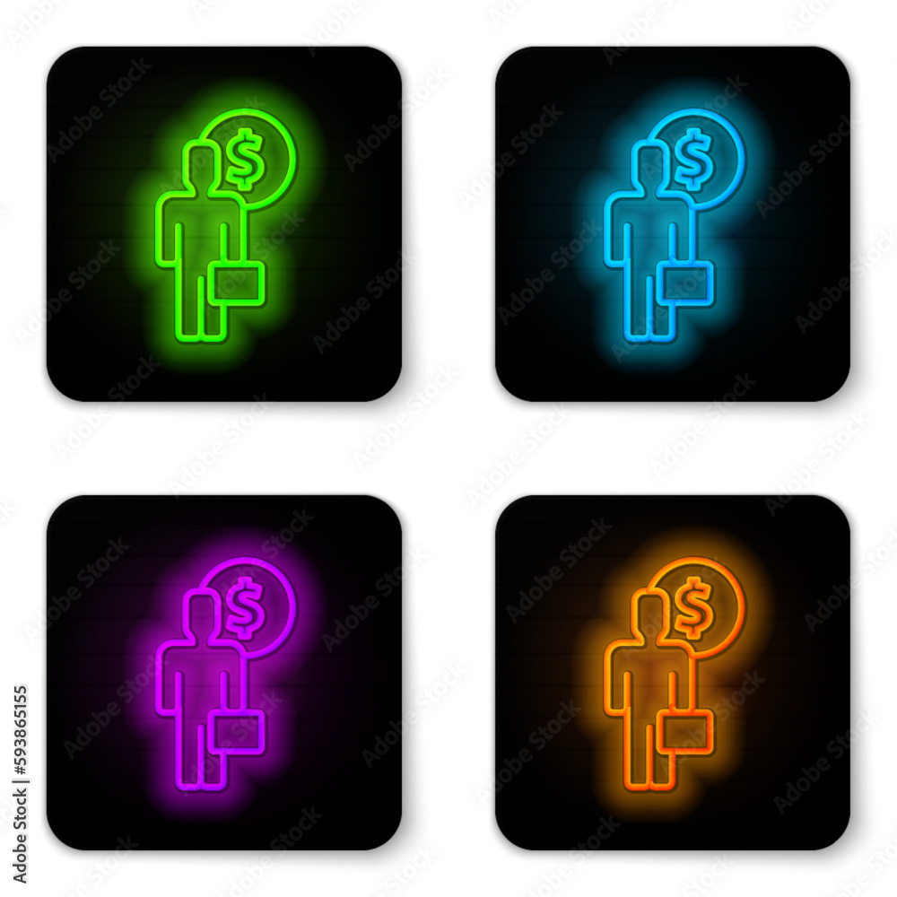 Glowing neon line Business man planning mind icon isolated on white background. Human head with dollar. Idea to earn money. Business investment growth. Black square button. Vector Glowing neon line Business man planning mind icon isolated on white background. Human head with dollar. Idea to earn money. Business investment growth. Black square button. Vector