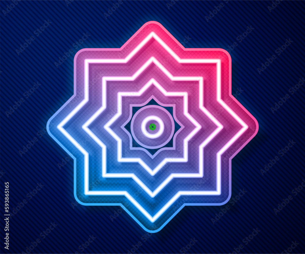 Glowing neon line Islamic octagonal star ornament icon isolated on blue background. Vector