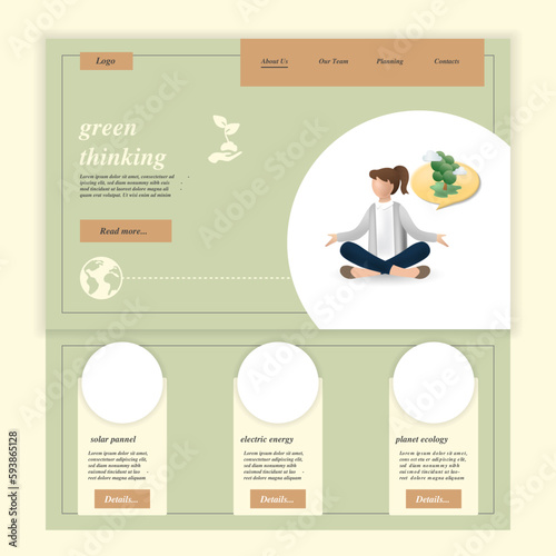 Green thinking flat landing page website template. Solar pannel, electric energy, planet ecology. Web banner with header, content and footer. Vector illustration.