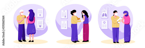 Set of different cartoon characters boosting immune system health. Group of patients and doctors engaged in flu or coronavirus vaccination in hospital. Vector