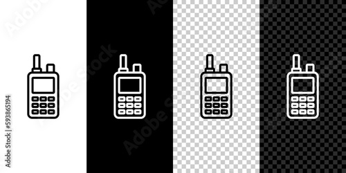 Set line Walkie talkie icon isolated on black and white, transparent background. Portable radio transmitter icon. Radio transceiver sign. Vector photo