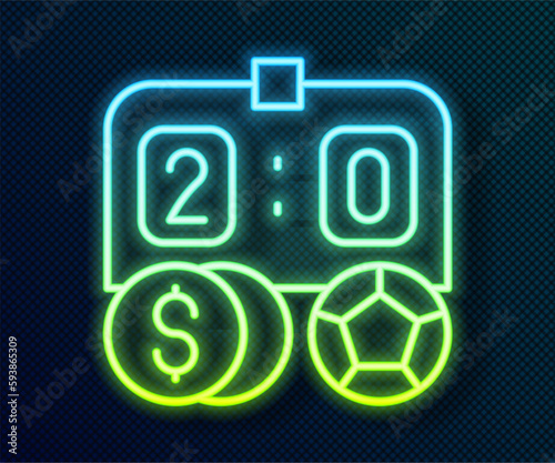 Glowing neon line Soccer football betting money icon isolated on black background. Football bet bookmaker. Soccer betting online make money. Vector