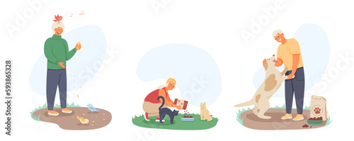 Set of cartoon characters of old people spending time with pets. Active lifestyle for seniors. Time for feeding birds, cats and dogs. Concept of happy retirement. Vector