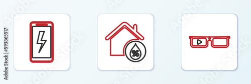 Set line Smart glasses, Mobile charging battery and House humidity icon. Vector