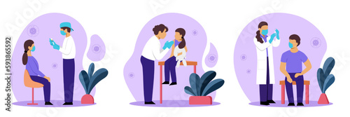 Set of colored cartoon characters of doctors and patients engaged in vaccination. Concept of protection from pandemic outbreak. Giving Covid 19 vaccination. Immunization schedule for kids. Vector
