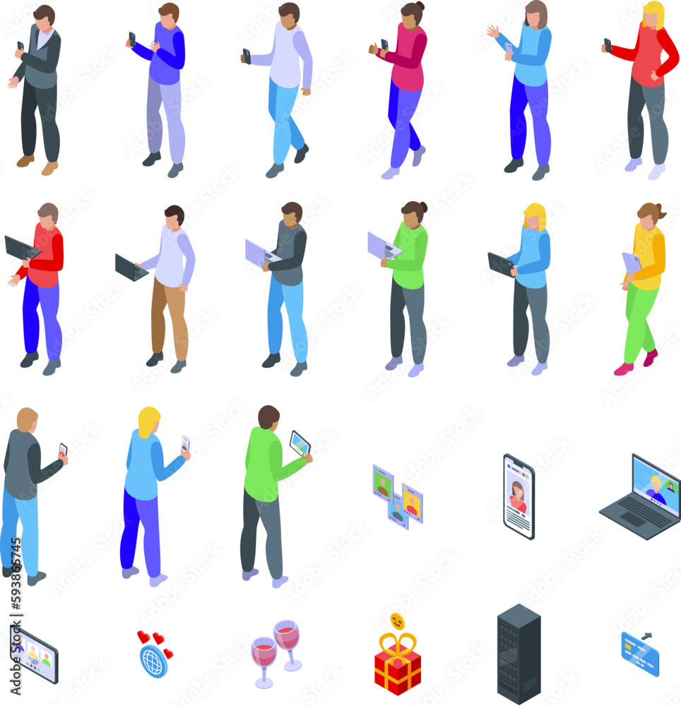 Virtual date icons set isometric vector. Long distance. Blind woman