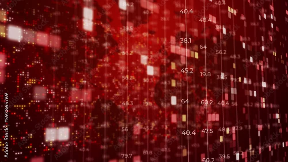 World map with financial chart concept. Blinking pixels and dots on red screen. Grid of changing numbers and lines. Looped motion graphics. World map with financial chart concept. Blinking pixels and dots on red screen. Grid of changing numbers and lines. Looped motion graphics.