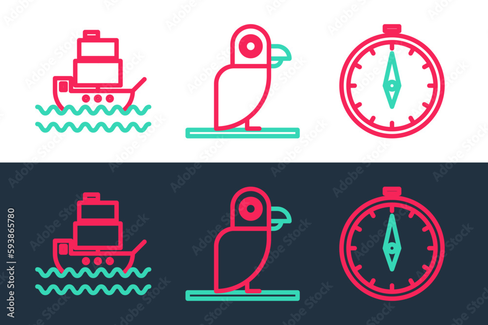 Set line Compass, Ship and Pirate parrot icon. Vector Set line Compass, Ship and Pirate parrot icon. Vector