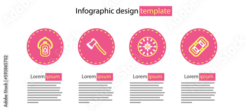 Set line Compass, Rafting boat, Wooden axe and Canteen water bottle icon. Vector