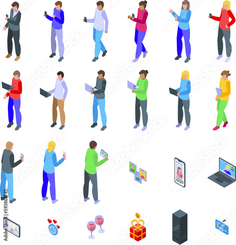 Virtual date icons set isometric vector. Long distance. Blind woman