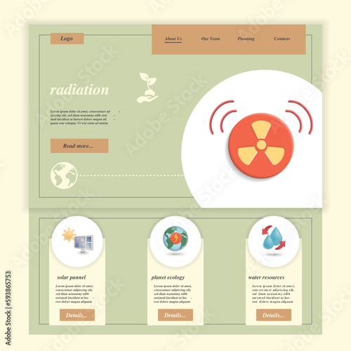 Radiation flat landing page website template. Solar pannel, planet ecology, water resources. Web banner with header, content and footer. Vector illustration.