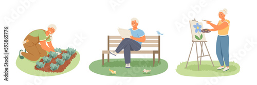 Set of cartoon characters of senior people practicing their hobbies. Old people planting, reading newspapers and painting. Concept of happy retirement. Vector