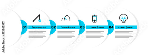 Set line Skull, Medieval flag, Bale of hay and rake and chained mace ball icon. Vector