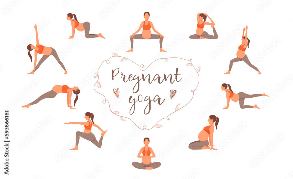 Set of cartoon characters of pregnant woman practicing yoga. Regular physical activity and healthy lifestyle for future mother. Healthy pregnancy and sports. Vector