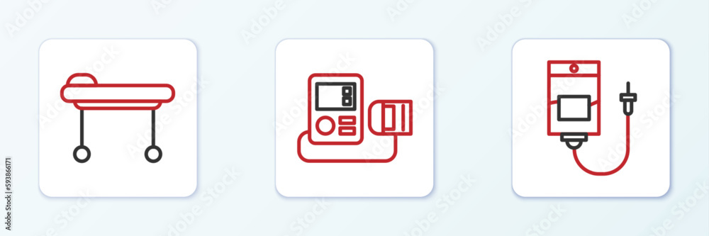 Set line IV bag, Stretcher and Blood pressure icon. Vector Set line IV bag, Stretcher and Blood pressure icon. Vector