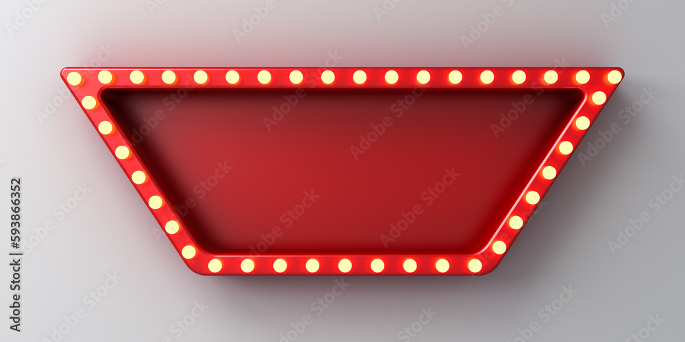 Retro red billboard or blank signboard with glowing yellow orange neon light bulbs isolated on white wall background with shadow 3D rendering