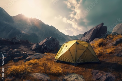 Tent in mountains sunshine. Generate Ai