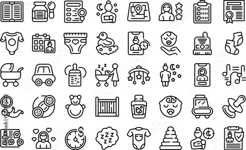 Night babysitting icons set outline vector. Baby service. Book bed