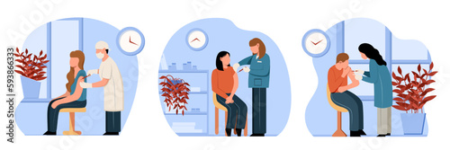 Set of cartoon characters engaged in flu, influenza or coronavirus vaccination. Concept of getting protection from diseases. Boosting immune system health. Vector