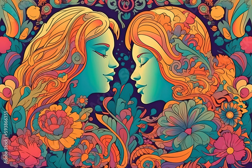 Psychedelic vector illustration. Concept Summer Of love 1969. Generative AI