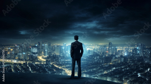 Young businessman looks out of the window in the big city in the evening Successful Finance Executive Project Planning Strategies. Generative AI.