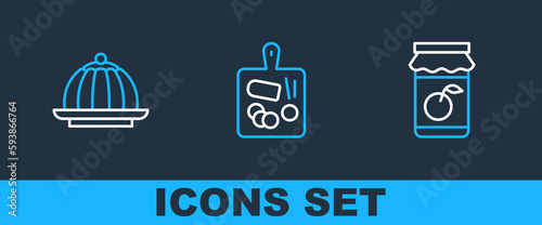 Set line Jam jar, Pudding custard and Cutting board icon. Vector