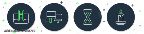 Set line Sauna wood bench, hourglass, Swimming pool with ladder and Aroma candle icon. Vector