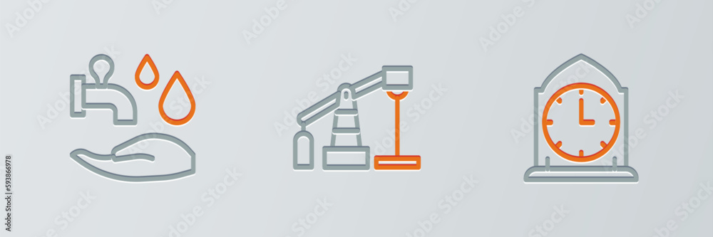 Set line Clock, Wudhu and Oil pump or pump jack icon. Vector Set line Clock, Wudhu and Oil pump or pump jack icon. Vector