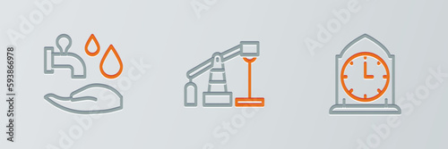 Set line Clock, Wudhu and Oil pump or pump jack icon. Vector