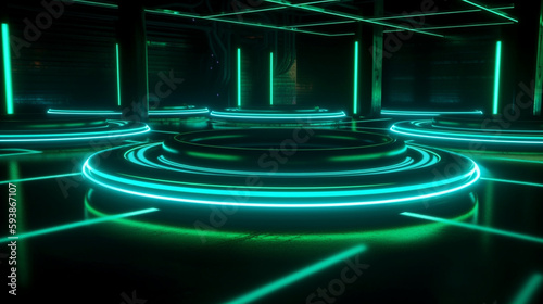 green spotlights shine on stage floor in dark room neon. generative ai.