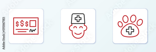Set line Veterinary clinic, Bank check and Male doctor icon. Vector