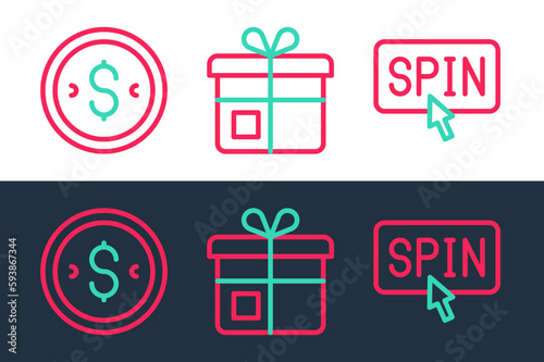 Set line Winner holding prize ticket, Coin money with dollar and Gift box icon. Vector
