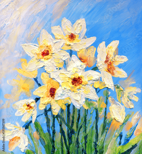 Oil painting. Yellow daffodils in the garden