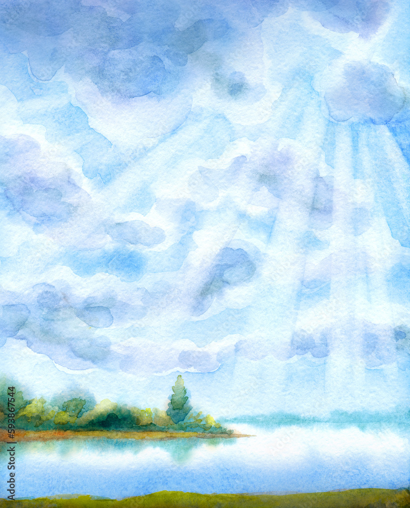 Fototapeta premium Bright clouds in the evening sky. Watercolor landscape
