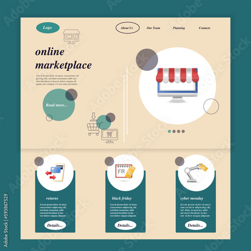 Online marketplace flat landing page website template. Returns, black friday, cyber monday. Web banner with header, content and footer. Vector illustration.