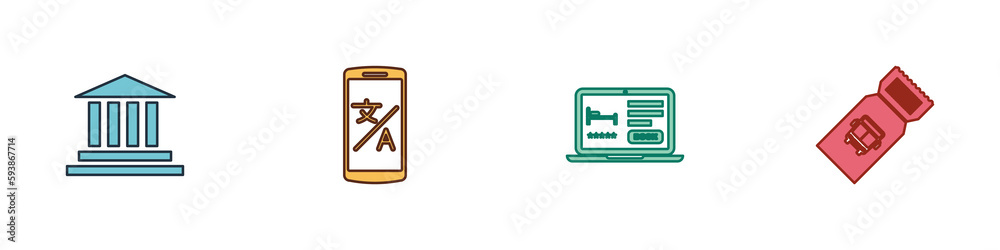Set Museum building, Online translator, hotel booking and Bus ticket icon. Vector Set Museum building, Online translator, hotel booking and Bus ticket icon. Vector