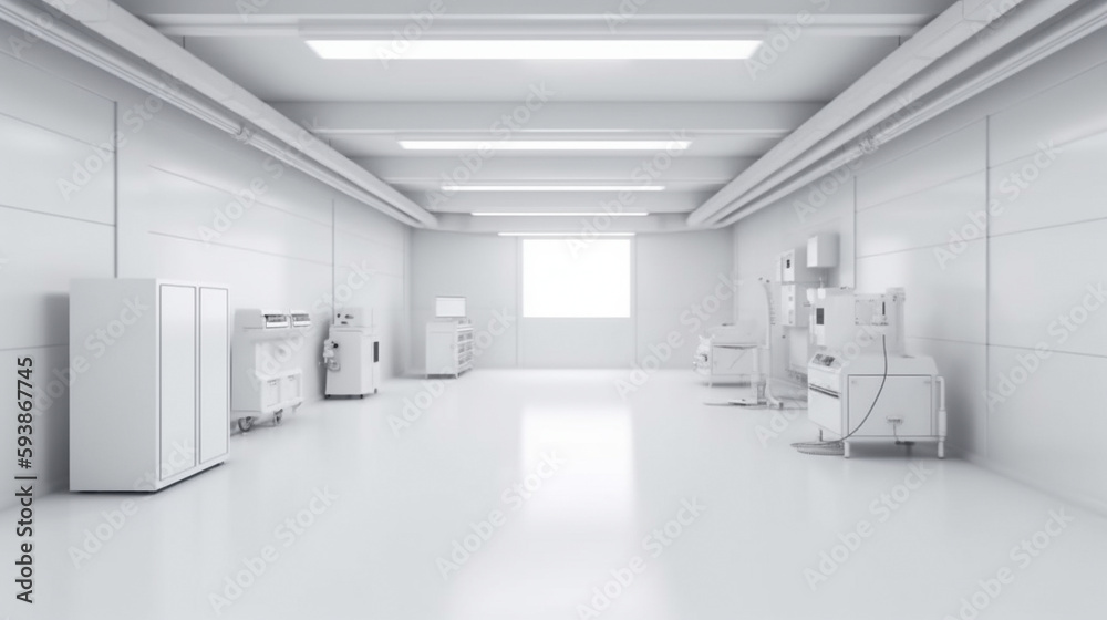 A long corridor in a hospital with various procedural rooms. Generative AI. A long corridor in a hospital with various procedural rooms. Generative AI.