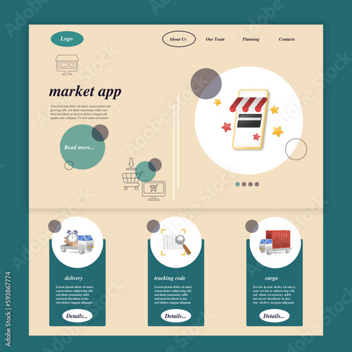 Market app flat landing page website template. Delivery, tracking code, cargo. Web banner with header, content and footer. Vector illustration.