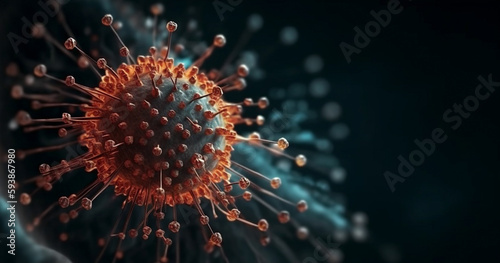 Coronavirus  COVID-19  pandemic risk concept of the COVID-19 virus disease Virus microscope close up view  3D illustration.Generative AI.