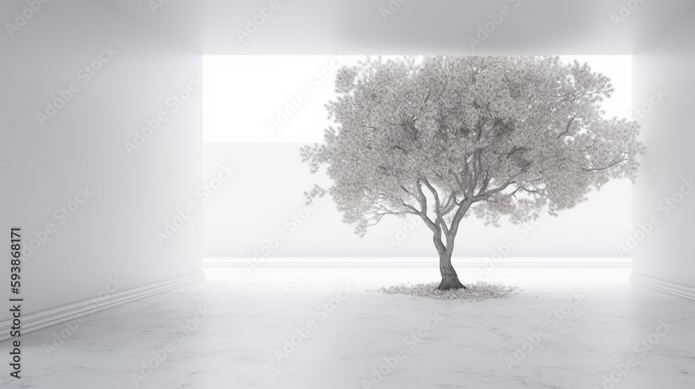 Obraz premium minimal white room with tree in room 3d illustration. Generative AI.
