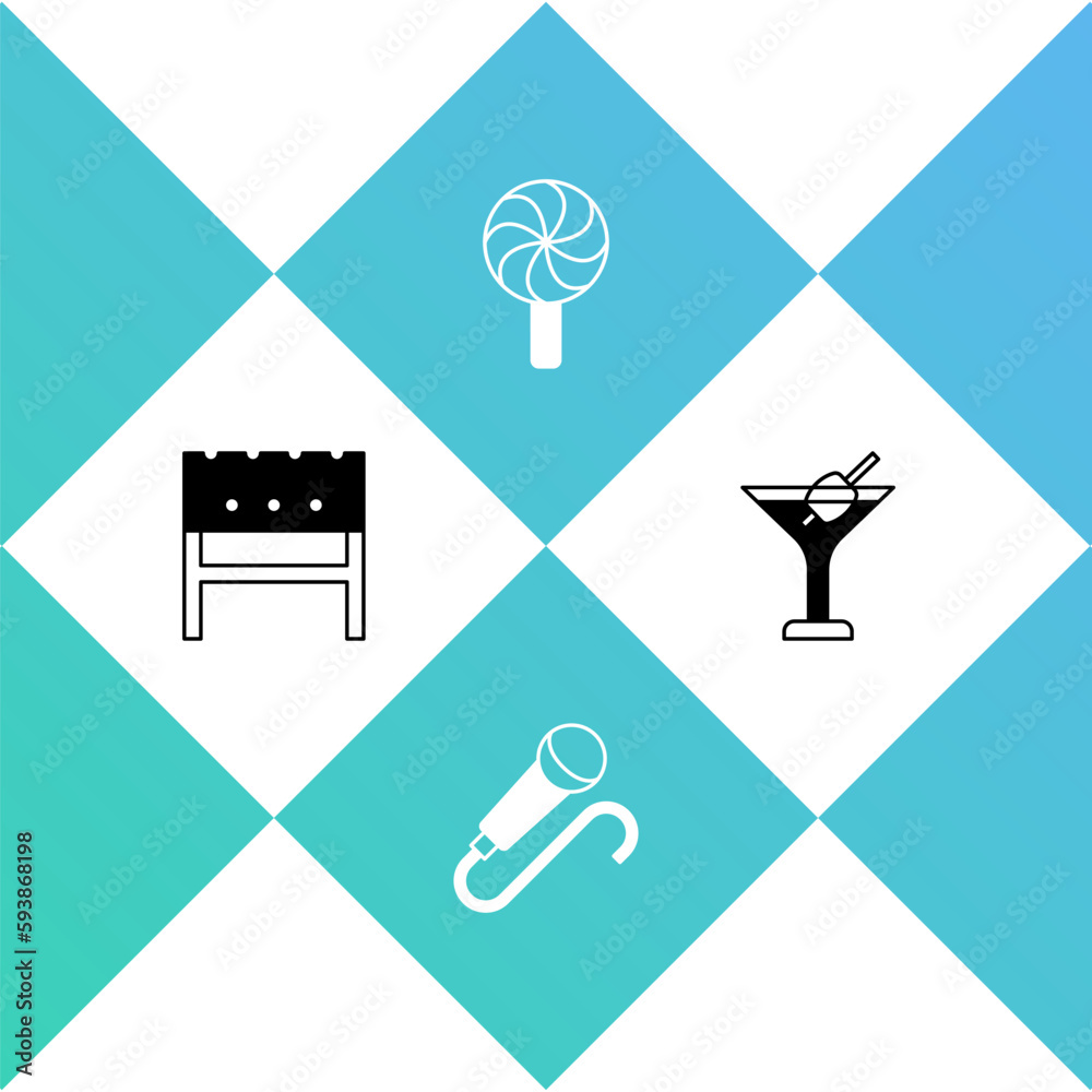 Set BBQ brazier, Microphone, Lollipop and Martini glass icon. Vector Set BBQ brazier, Microphone, Lollipop and Martini glass icon. Vector