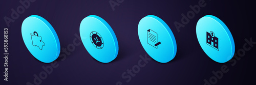 Set Isometric Bank building, Document and pen, Safe and Piggy bank icon. Vector