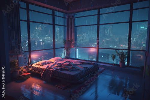 Bedroom Night Cyberpunk City | Generative Ai
