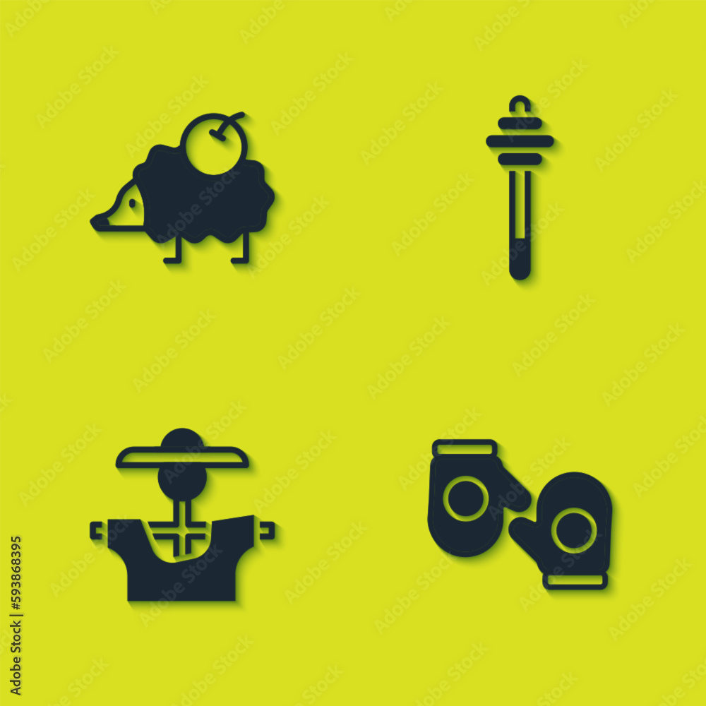 Set Hedgehog, Christmas mitten, Scarecrow and Honey dipper stick icon. Vector Set Hedgehog, Christmas mitten, Scarecrow and Honey dipper stick icon. Vector