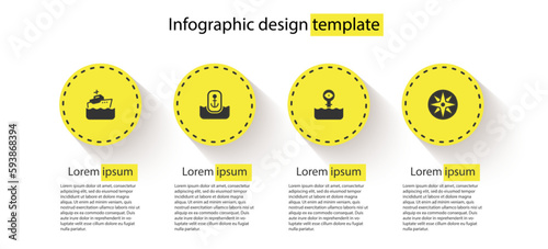 Set Cruise ship, Location with anchor, Periscope and Wind rose. Business infographic template. Vector