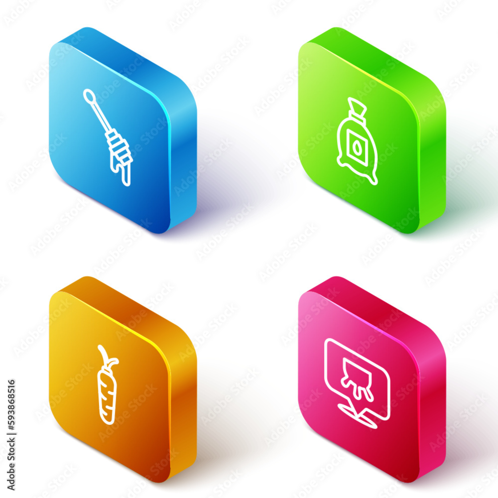 Set Isometric line Honey dipper stick, Pack full of seeds of plant, Carrot and Udder icon. Vector Set Isometric line Honey dipper stick, Pack full of seeds of plant, Carrot and Udder icon. Vector